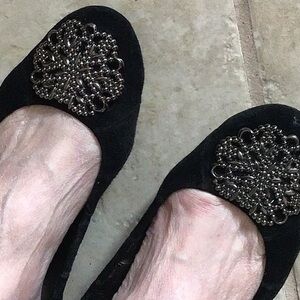 Tahari Elegant Black Flats with Ornate Embellishment